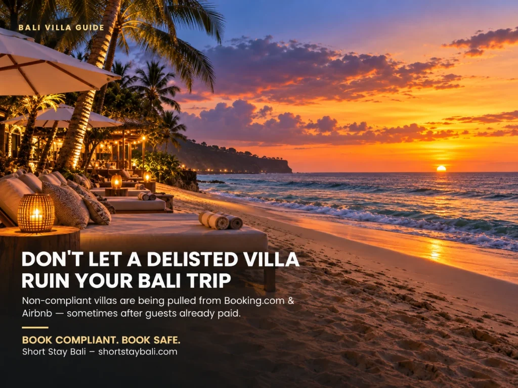 Bali beach sunset with text about booking a compliant villa in Bali